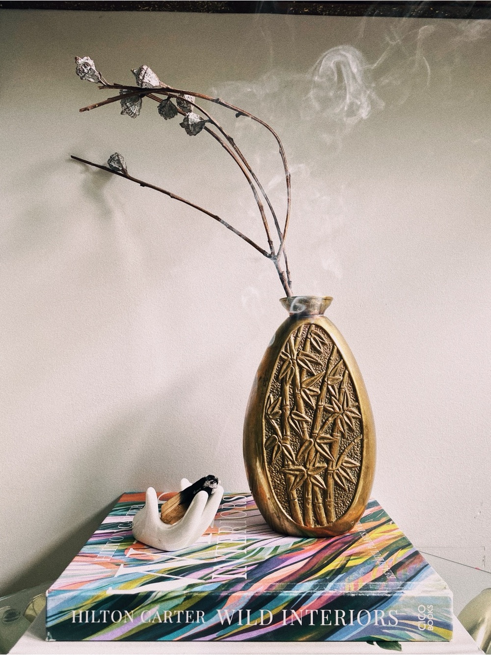 Vintage Solid Brass Vase w Carved Bamboo Design